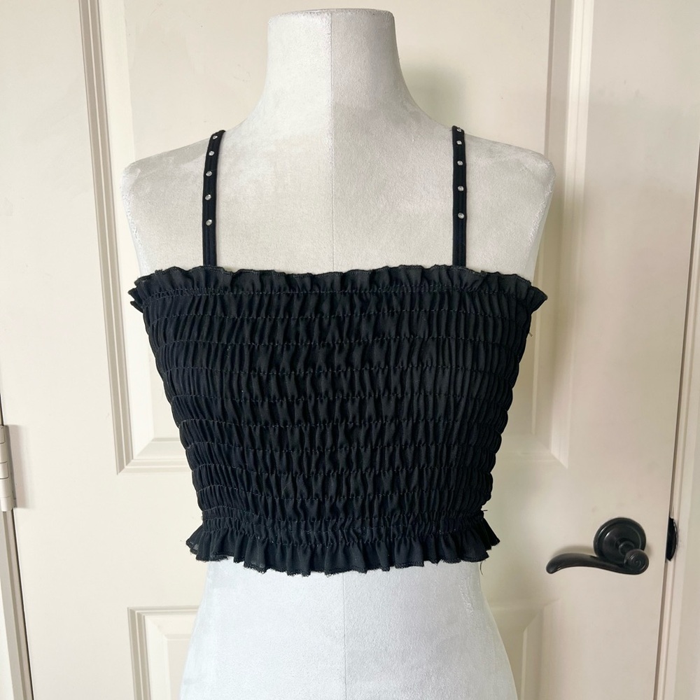 Black smocked tube top with rhinestone detailed straps small